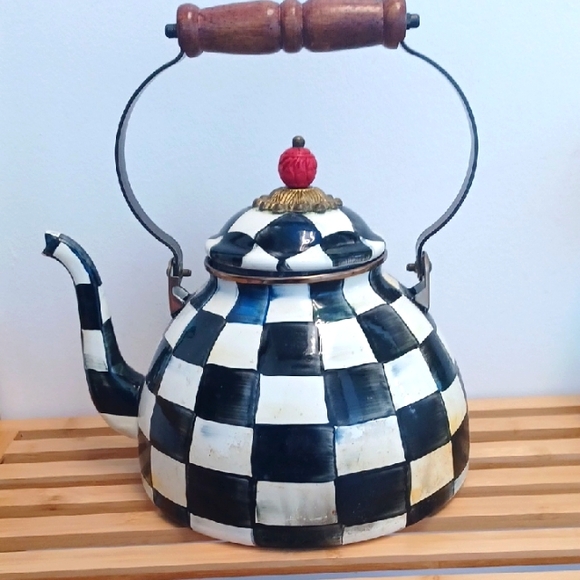 Mackenzie-Childs Williams Sonoma Checkered Teapot 2Qt Wooden Handle - Picture 1 of 10